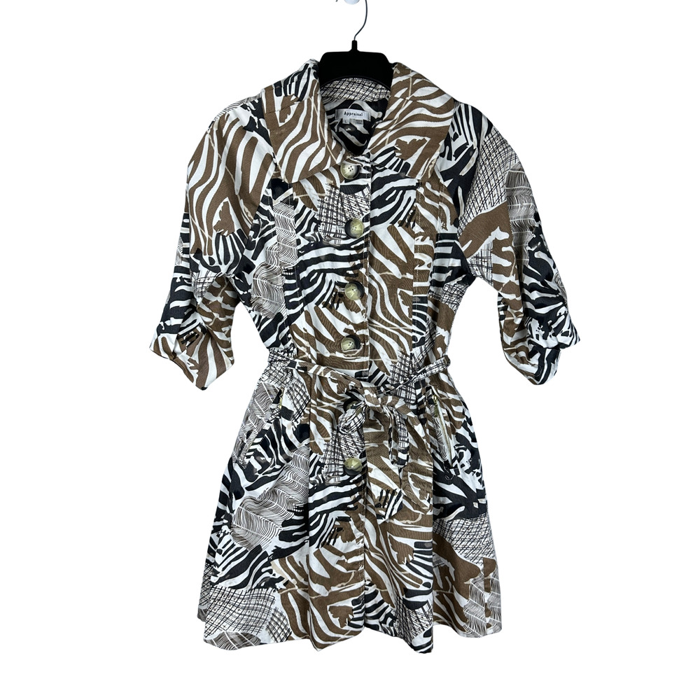 Appraisal ZebraPrint Half Sleeve Belted‎ Zip Pocket Trench Coat Size Large